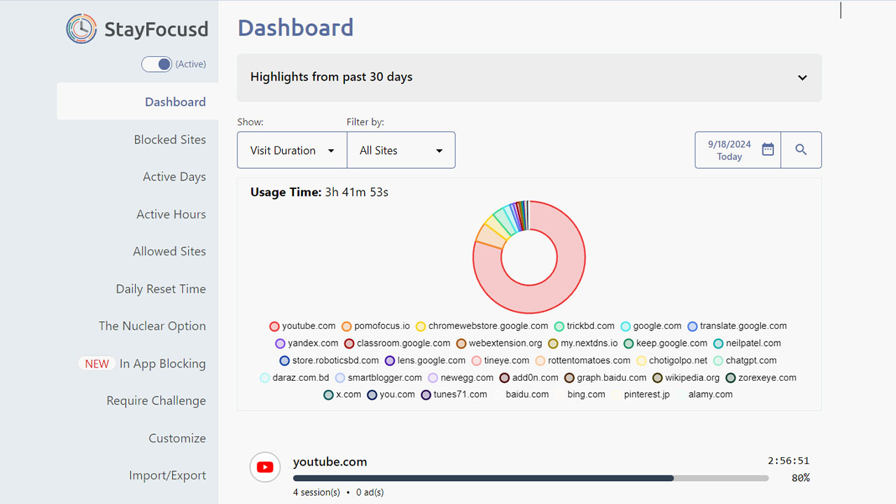 dashboard of stayfocusd chrome extension