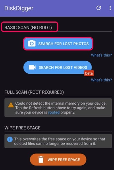 Click search for lost photos option