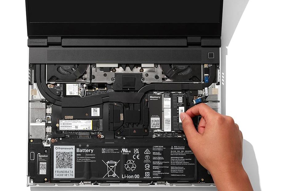 Open Framework Laptop 16 showing modular internal components and upgradeable hardware