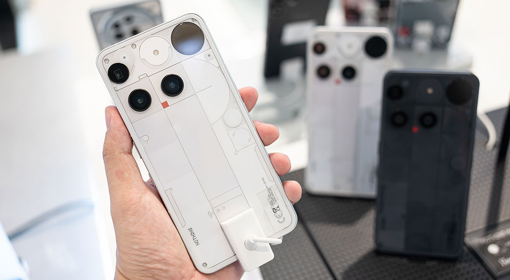 Rear view of the Nothing Phone (3) showing its transparent back and Glyph Matrix lighting system.