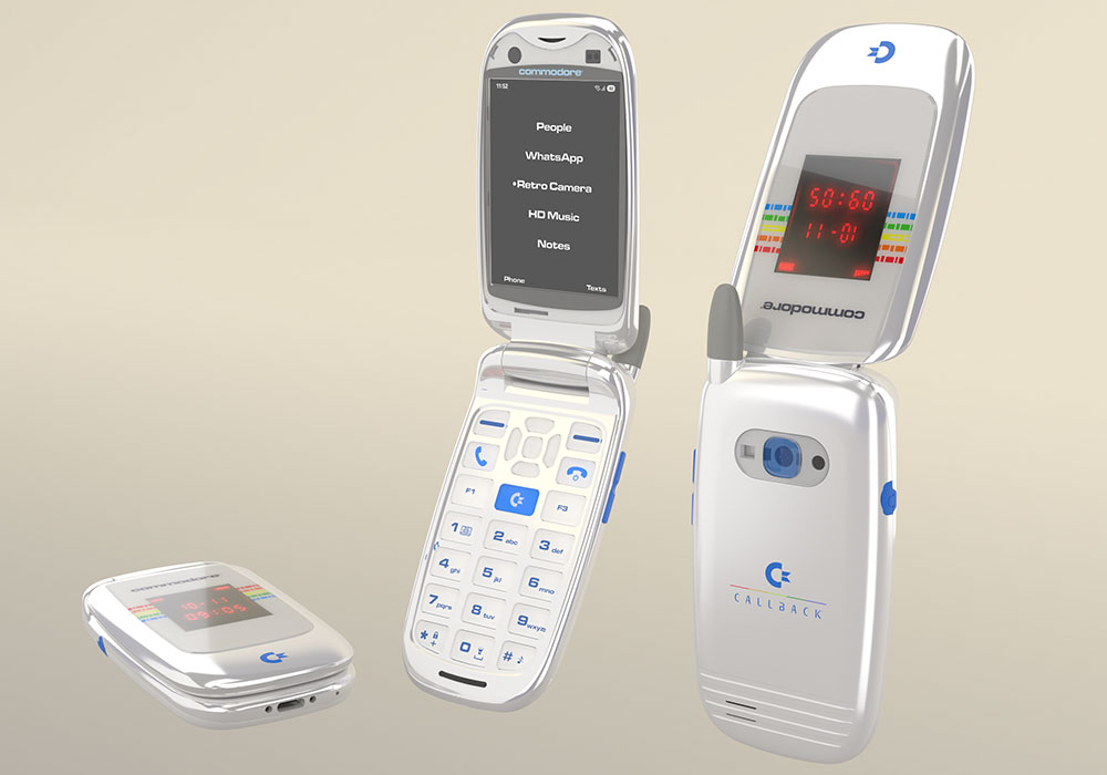 Commodore Callback flip phone shown open, closed, and from the rear.
