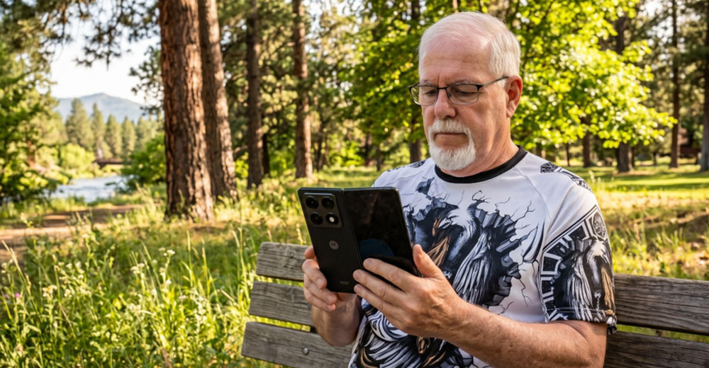 Person using a Motorola Razr Fold - 2026 smartphone while seated outdoors in a park setting