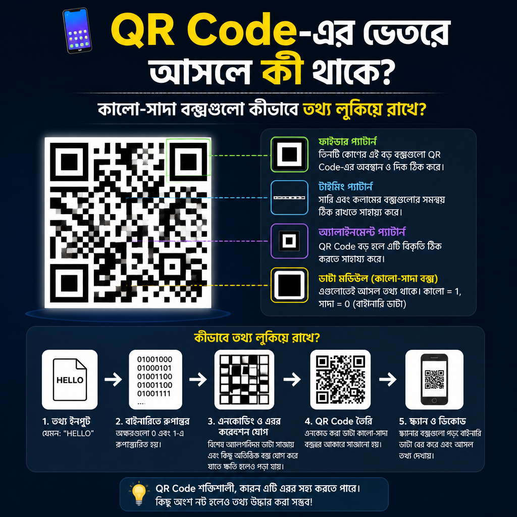 📱 QR Code-এর ভেতরে আসলে কী থাকে? কালো-সাদা বক্সগুলো কীভাবে তথ্য লুকিয়ে রাখে?