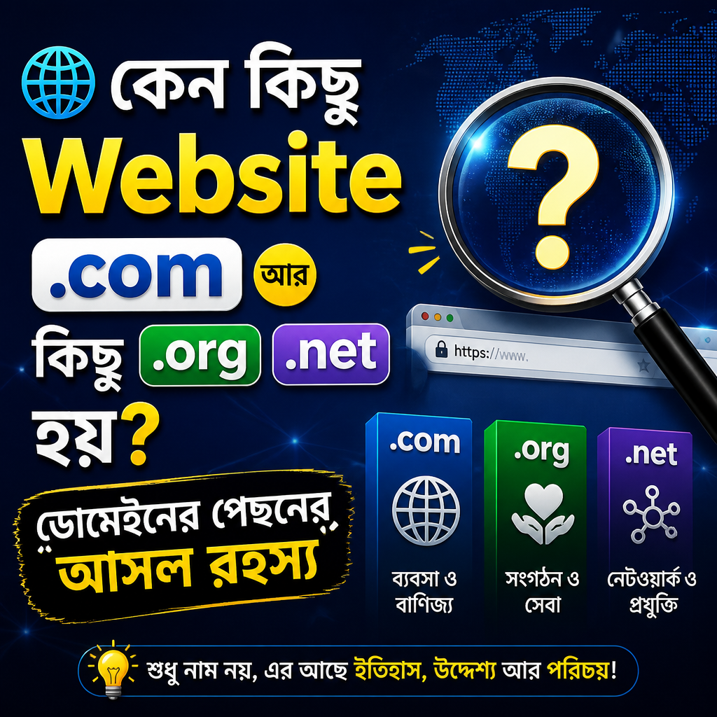 🌐 কেন কিছু Website .com আর কিছু .org বা .net হয়? ডোমেইনের পেছনের আসল রহস্য
