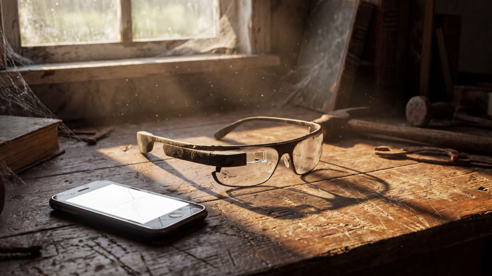 Google Glass smart glasses resting on a dusty workbench beside a smartphone.
