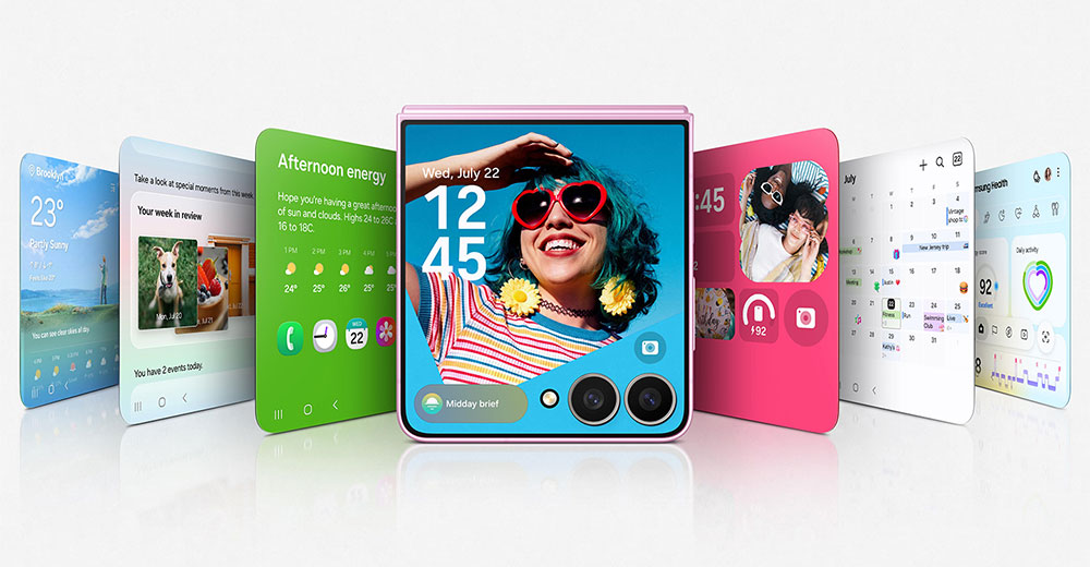 Samsung Galaxy Z Flip8 displaying Now Brief and Galaxy AI features on the FlexWindow