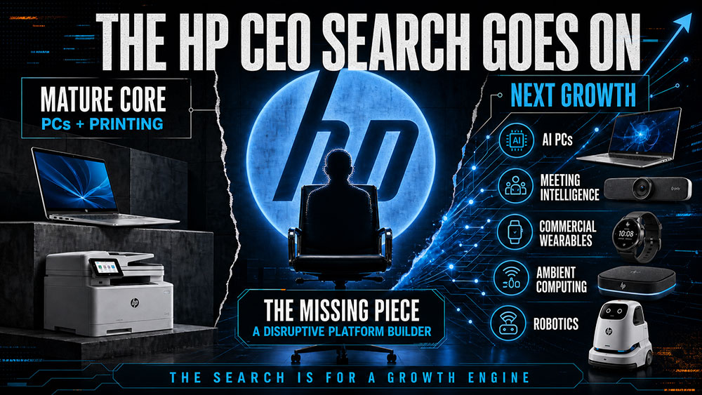 Illustration of HP's strategic direction, contrasting its mature PC and printing businesses with potential growth areas including AI PCs, meeting intelligence, commercial wearables, ambient computing, and robotics.